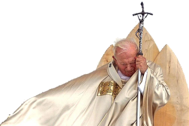 Pope Saint John Paul II bowing his head in prayer, his forehead resting on his crozier